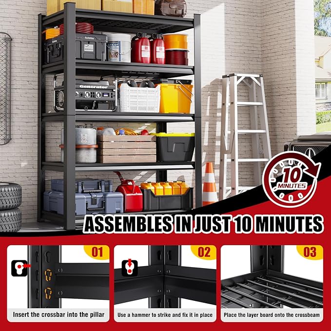 Set of 4 Garage Shelving-3000 lbs 5 Tier Storage Shelves, Adjustable Heavy Duty - Image 6