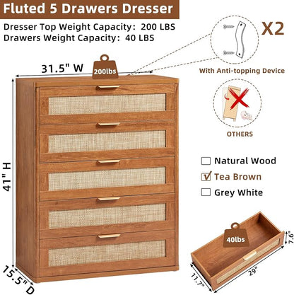 LEYAOYAO Dresser for Bedroom, Modern 5 Drawers Boho Rattan Dressers - Image 3