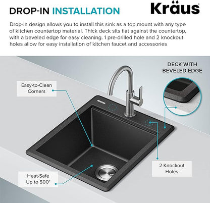 KRAUS Bellucci 18-inch Granite Workstation Drop In Top Mount Single Bowl Kitchen Sink in White with Accessories, KGTW12-18WH
