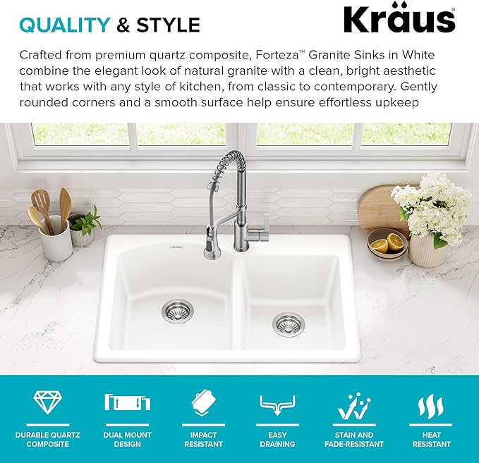 KRAUS Forteza 33-inch Granite Drop In/Undermount 60/40 Double Bowl White Kitchen Sink, KGD-50WHITE
