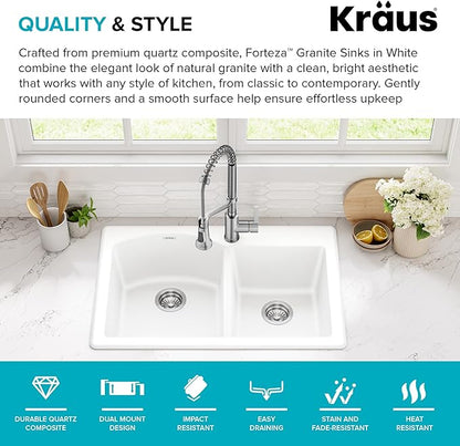 KRAUS Forteza 33-inch Granite Drop In/Undermount 60/40 Double Bowl White Kitchen Sink, KGD-50WHITE