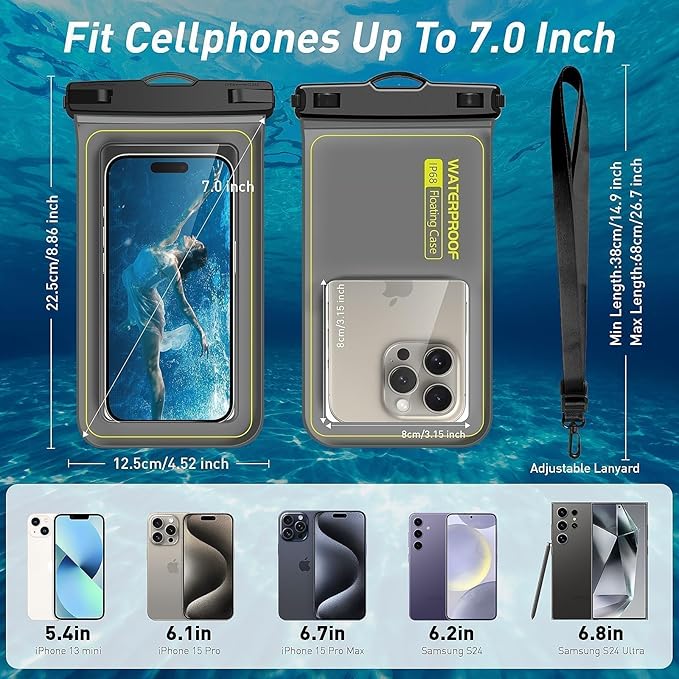 Marine IP68 Waterproof Phone Pouch, Floating Waterproof Dry Bag Compatible for iPhone 16 15 14 13 12 Pro Max Plus Up to 7"，Cellphone Cruise Essentials Must Haves, 1 Pack-Grey