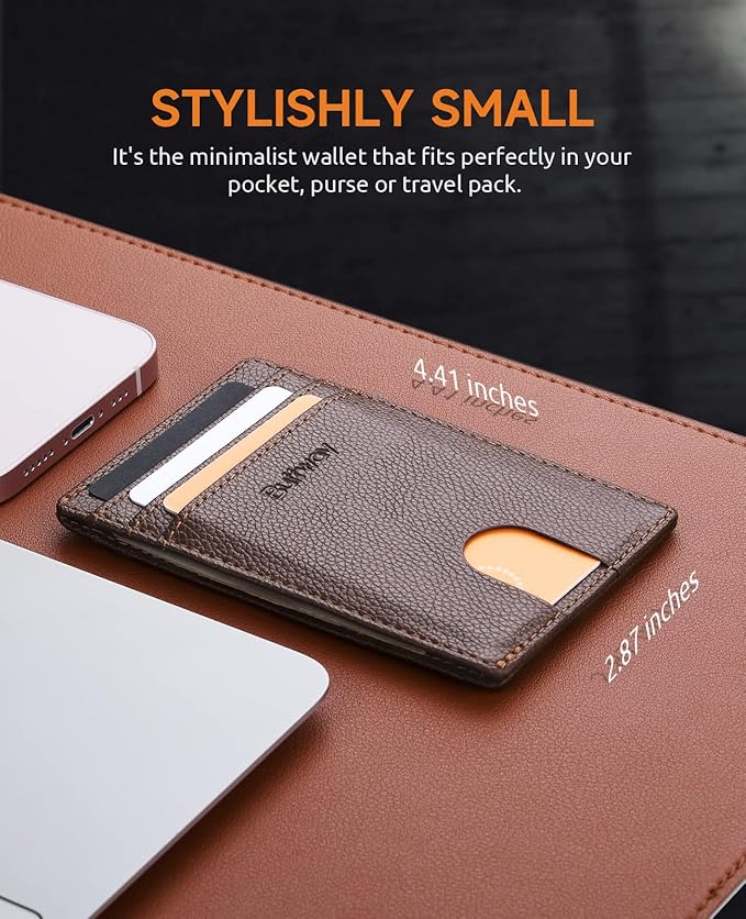 Buffway Mens Slim Wallet, Minimalist Thin Front Pocket Leather Credit Card Holder with RFID Blocking for Work Travel