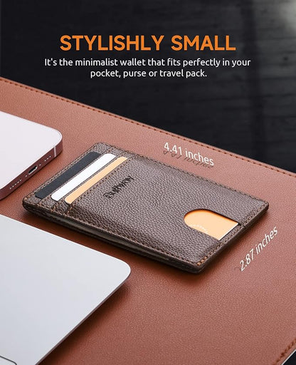Buffway Mens Slim Wallet, Minimalist Thin Front Pocket Leather Credit Card Holder with RFID Blocking for Work Travel