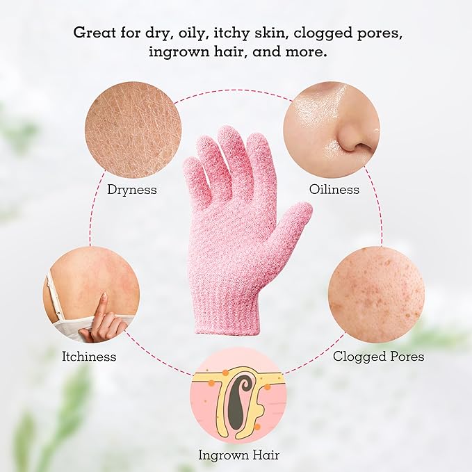 Evridwear Exfoliating Gloves for Shower, 100% Nylon Thick Soft Medium Heavy Bathing Gloves Dead Skin Remover Body Scrubber Smooth Skin with Hang Loop, 1 Pair Moderate Pink