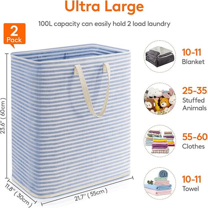 Lifewit 2 Pack Laundry Hamper Large Collapsible Laundry Baskets, Freestanding Waterproof Clothes Hamper with Easy Carry Handles in Laundry Room Bedroom Bathroom College Dorm for Adults, Blue, 2 x 100L