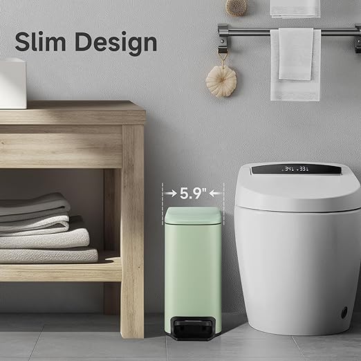 TIPGO Slim Bathroom Trash Can with Lid Soft Close, 6 Liter / 1.6 Gallon Stainless Steel Garbage Can with Removable Inner Bucket, Step Pedal, Small Trash Cans for Bedroom, Office, Kitchen (Green)