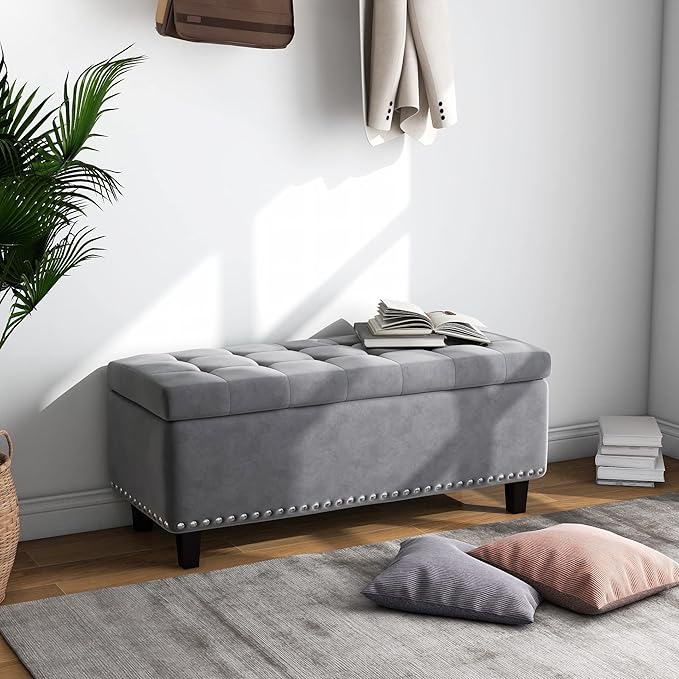 Ottoman with Storage, Storage Ottoman Bench with Button-Tufted, Upholstered End of Bed Bench with Wooden Legs for Bedroom, Entryway (Grey, Set of 1)