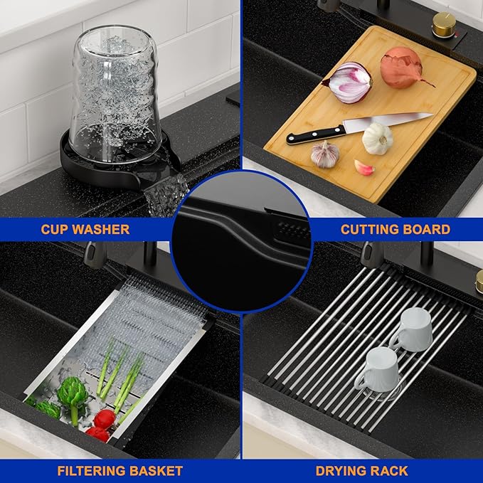 Dcolora Waterfall Smart Kitchen Sink 33x22 Drop In Single Bowl Multifunctional Kitchen Sinks With Faucet And Cup Washer,33 Inch Granite Composite (Black) DC-SFDOE00002