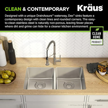 KRAUS Dex 33-Inch Undermount 50/50 Double Bowl TRU16 Gauge Stainless Steel Kitchen Sink with DrainAssure WaterWay and VersiDrain Assembly in Radiant Pearl Finish, KD1UD33B