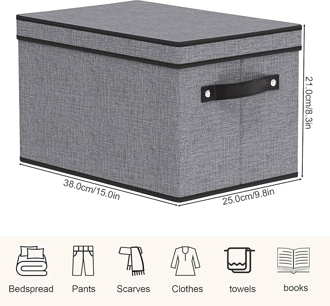 Storage Boxes, 15 x 9.8 x 8.3 Inch Baskets for Organizing with Lids, Fabric Bins with Handles, Decorative Linen Closet Organizers, Gray, 5 Pack