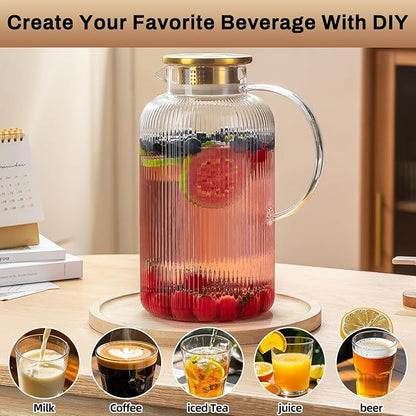 Buaic Glass Pitcher with Lid, 100 oz/ 3 Liter Classic Vertical Stripes Water - Image 4