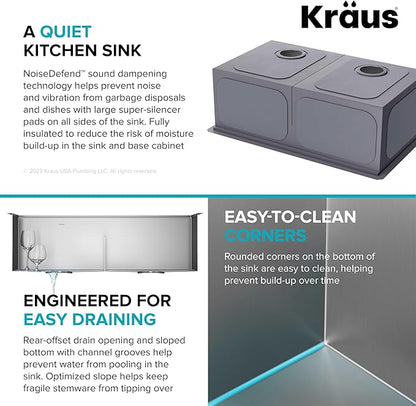 KRAUS Kore 33-Inch Undermount Workstation 16 Gauge Double Bowl Stainless Steel Kitchen Sink with Accessories, KWU112-33