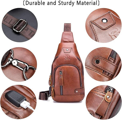 BULLCAPTAIN Leather Sling Bag Mens Chest Bag Casual Shoulder Crossbody Bags Travel Hiking Backpacks Daypack with USB Charging Port (Brown)