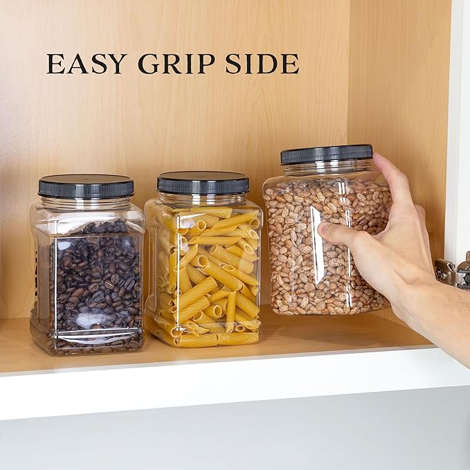 Cornucopia Brands 48oz Square Plastic Jars (3-Pack); Clear Rectangular 6-Cup Canisters w/Black Lids, Easy-Grip Side