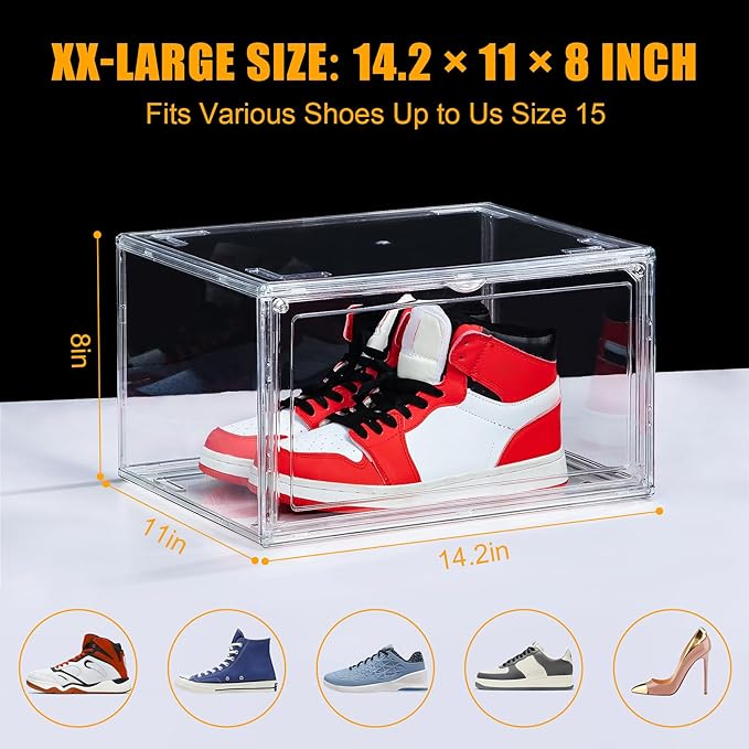 NYZE 3 Pack Acrylic Shoe Boxes Side Open, Clear Shoe Box Plastic Stackable, Shoe Storage Organizer with Magnetic Door, Shoe Display Shoe Containers with Lids Fits Up to Size 15