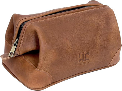 HLC Leather Toiletry Bag for Men - Best Gift for Men - Premium Genuine Leather Dopp Kit Shaving Kit Organizer Travel Kit Pouch Bag for Men - Large Size (Tan)