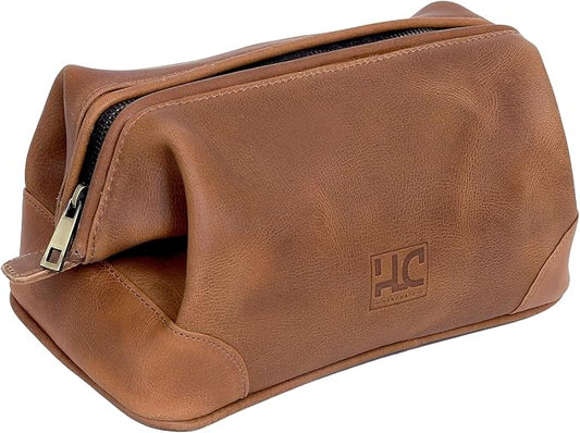 HLC Leather Toiletry Bag for Men - Best Gift for Men - Premium Genuine Leather Dopp Kit Shaving Kit Organizer Travel Kit Pouch Bag for Men - Large Size (Tan)