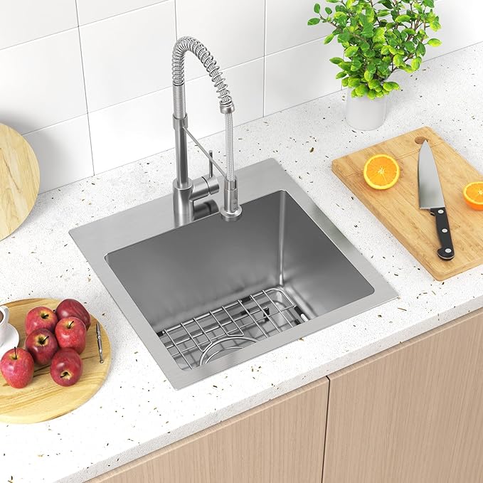 15x15 inch Drop in Bar Sink, 15 inch Small Kitchen Sink Topmount 18 Gauge Single Bowl Stainless Steel Bar Sink with Basket Strainer Drain & Bottom Grid