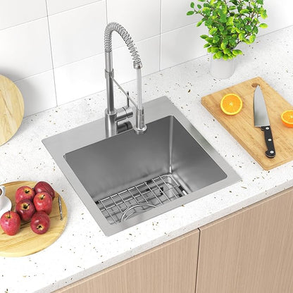 15x15 inch Drop in Bar Sink, 15 inch Small Kitchen Sink Topmount 18 Gauge Single Bowl Stainless Steel Bar Sink with Basket Strainer Drain & Bottom Grid