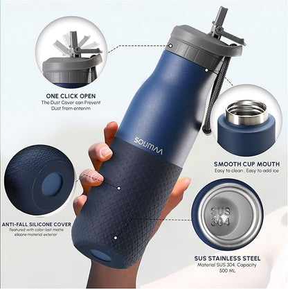 Insulated Stainless Steel Water Bottles with Straw, Wall Vacuum Insulated Water Bottle for Gym Traveling Camping Hiking Outdoor Activity(2 Cleaning Brushes+1 Carabiner, 18 oz Blue)