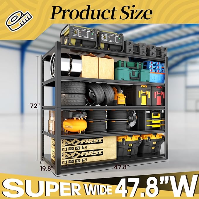 47.8" W Heavy Duty Garage Shelving 3000LBS Storage Shelves, Adjustable 5-Tier Storage Rack, Metal Shelves for Garage/Warehouse/Basement, 47.8" W x 19.8" D x 72" H, Black