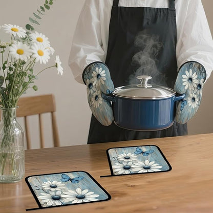 Blue Butterfly Oven Mitts and Pot Holders, Vintage Daisy Wooden Heat Resistant - Image 7