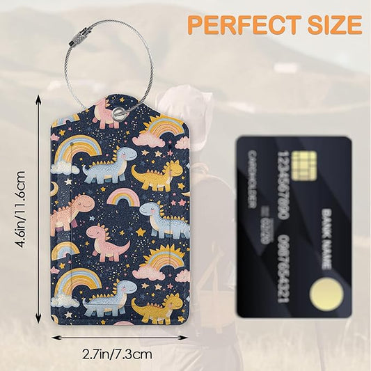 Cute Funny Dinosaurs 3 PCS Luggage Tags, Colorful Dinosaurs Leather Suitcase Tags with Privacy Cover Name Address Labels and Durable Steel Loop for Men/Women Travel Bag Suitcases
