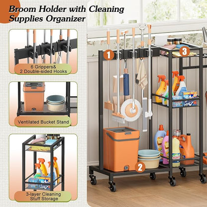 Broom Holder with Cleaning Supplies Organizer, Broom Closet Storage Cabinet - Image 5