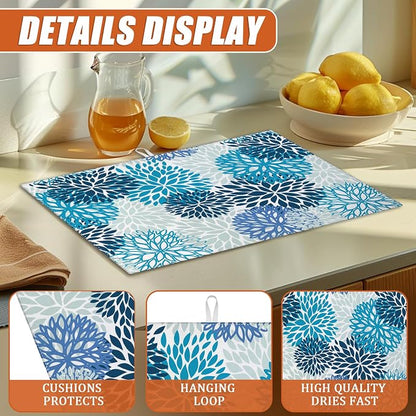 Blue Floral Dish Drying Mat for Kitchen Counter Microfiber Absorbent Dish - Image 3