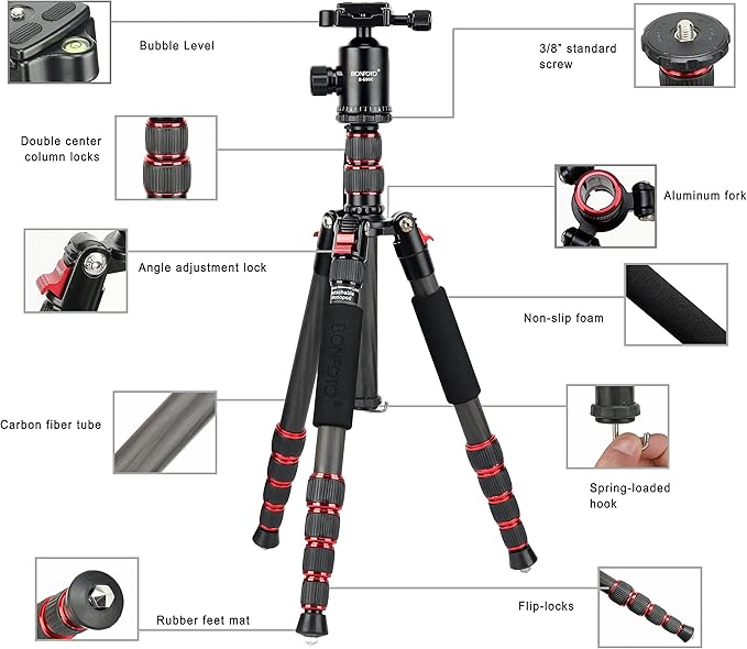 BONFOTO B690C Lightweight Carbon Fiber Portable Tripod Compact Travel Camera Tripod Monopod with 360 Degree Ball Head,1/4" Quick Release Plate and Carry Bag for DSLR Cameras