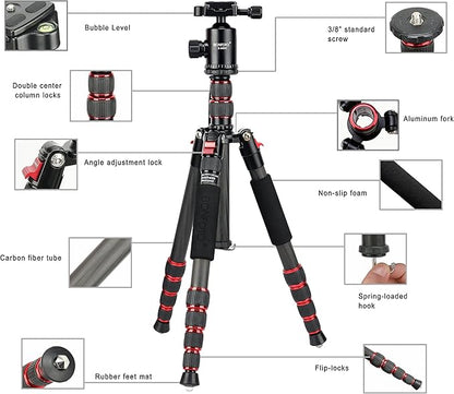 BONFOTO B690C Lightweight Carbon Fiber Portable Tripod Compact Travel Camera Tripod Monopod with 360 Degree Ball Head,1/4" Quick Release Plate and Carry Bag for DSLR Cameras
