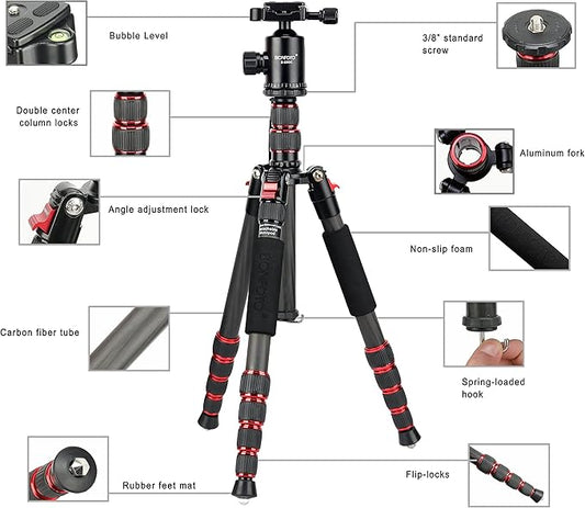 BONFOTO B690C Lightweight Carbon Fiber Portable Tripod Compact Travel Camera Tripod Monopod with 360 Degree Ball Head,1/4" Quick Release Plate and Carry Bag for DSLR Cameras