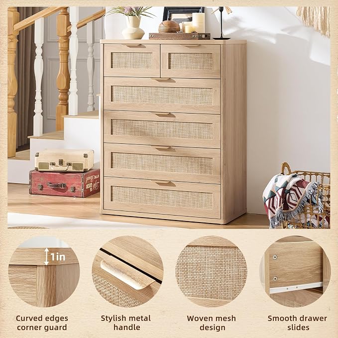 LEYAOYAO Rattan Dresser for Bedroom, Modern 6 Drawers Boho Dressers - Image 4