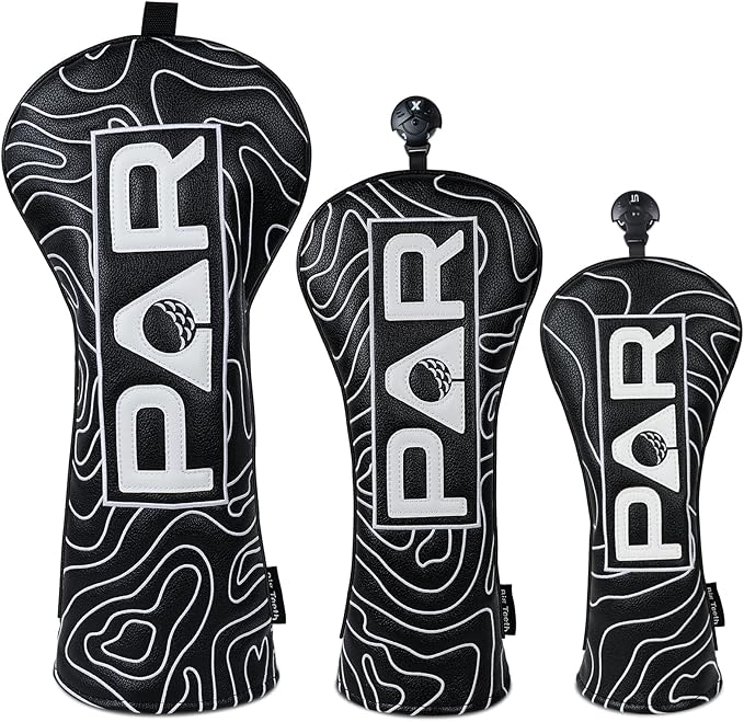 Big Teeth Golf Club Covers Full Set Driver Headcover Fairway Wood Hybrid Golf Club Iron Head Covers, Topographic Edition Putter Cover Leather Golf Head Covers Pure Black, Gifts for Men