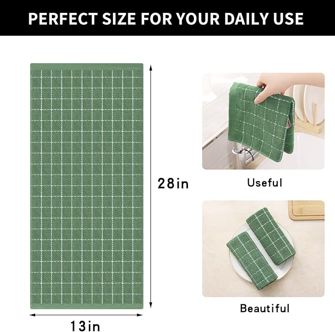 Homaxy 100% Cotton Terry Kitchen Towels(Grass Green, 13 x 28 inches), Checkered Designed, Soft and Super Absorbent Dish Towels, 6 Pack