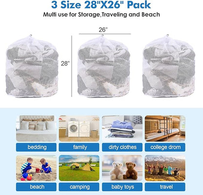3Pcs Mesh Laundry Bags Washing Machine Mesh Wash Bags Jumbo for Delicates Clothes,Bed Linen,Toys with Drawstring Closure Sturdy(3 XXLarge 28 x 26 Inches)