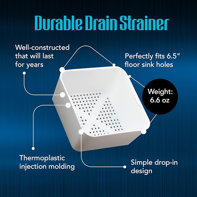 6.5-inch Floor Drain Cover Alternative, Square Sink Drain Basket for Restaurants, Home and More, Commercial Sink Strainer with 0.19-inch Holes, Versatile Plastic Drain Screen Basket