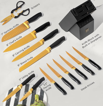 Black and Gold Knife Set with Block and Sharpener – 14-Piece Full Tang Golden - Image 7