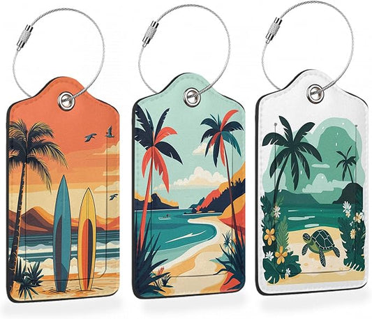 Tropical Turtle Beach Art 3 PCS Luggage Tags, Vintage Coastal Leather Suitcase Tags with Privacy Cover Name Address Labels and Durable Steel Loop for Men/Women Travel Bag Suitcases