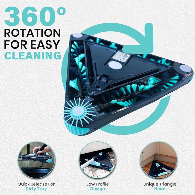 Zippi Sweeper Max - 2025 Version Lightweight Sweeper, Triangular Design Allows for Sweeping in Corners, Perfect for Short Carpet Hardwood and Tile, LED Light, 1 Hr Cleaning Time
