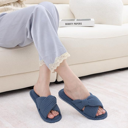 Evshine Summer House Slippers for Women Corduroy Cross Bow Indoor Slippers Open - Image 6