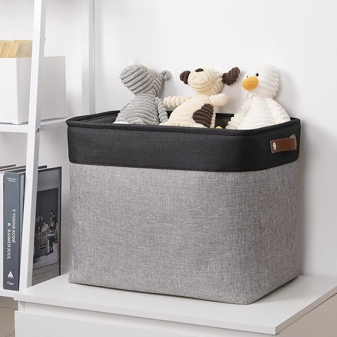 DULLEMELO Large Collapsible Storage Basket/Bin with Sturdy Leather Handles, Fabric Organizer Bin for Storage Clothes, Toys, Books, Office, Bedroom, Closet, Nursery & Laundry (Black&Gray)