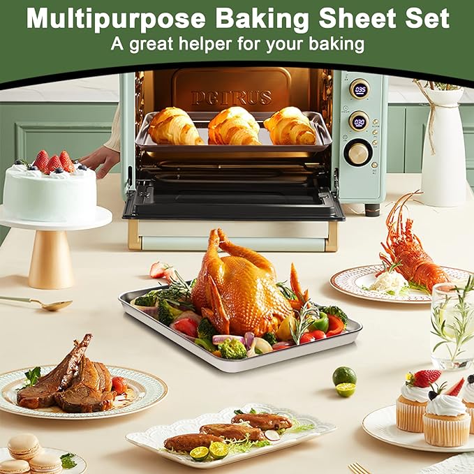 Baking Sheet Tray Set of 10, EWFEN Stainless Steel Baking Pan Cookie Pan Sheet - Image 6