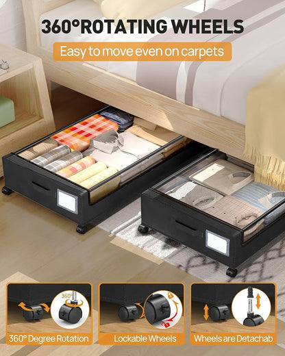 Under Bed Storage With Wheels, 2 Pack Square Containers, 60L Bins, Rolling - Image 2