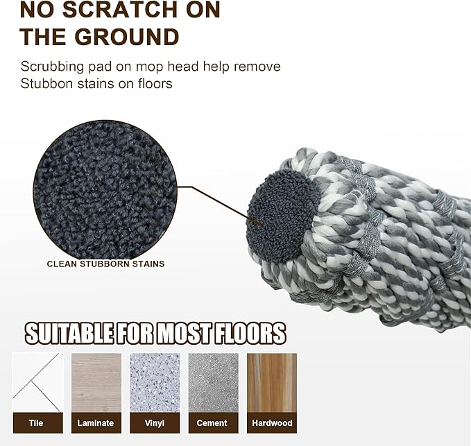 Self Wringing Mop with Bucket- Easy Squeeze Twist Mop with 52.5 Inch Long Handle, Heavy Duty for Hardwood, Tile, Vinyl & Laminate Floors (Gray+White)