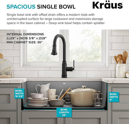 KRAUS Forteza 32-inch Undermount Single Bowl Granite Kitchen Sink in Grey, KGU-55GREY