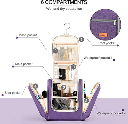 Hanging Travel Toiletry Bag for Women and Men, 6 Organizer Compartments, Extra Large Toiletries Bag, Bathroom Cosmetic Bag, Water-resistant Makeup Bag, Holds Full-Size Shampoo, Purple