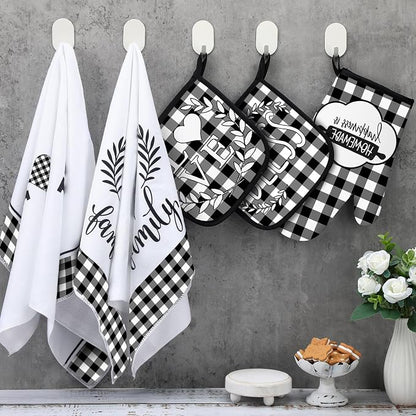 5 Pieces Buffalo Plaid Kitchen Towels Oven Mitts and Pot Holder Set Black and - Image 4