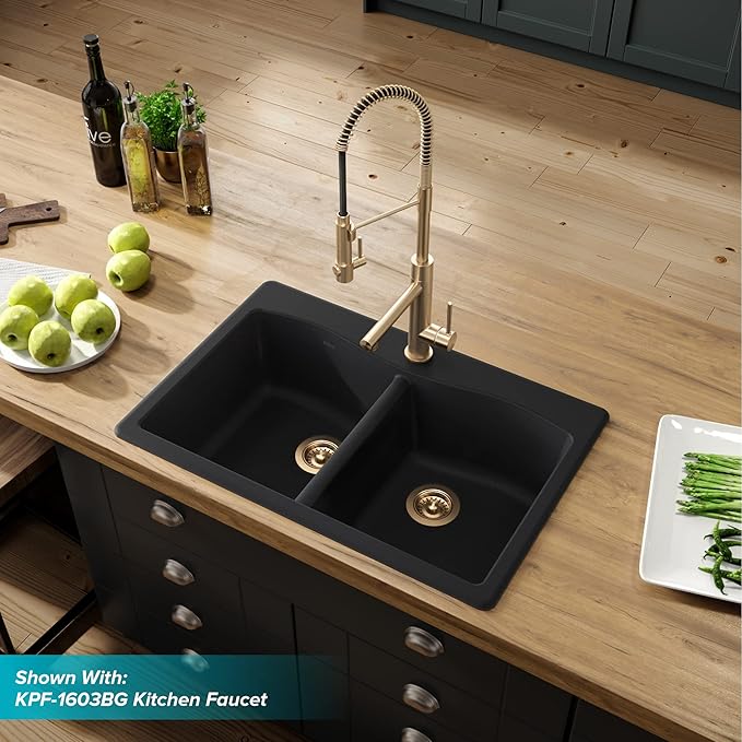 KRAUS Forteza 33-inch Drop in/Undermount 50/50 Double Bowl Granite Kitchen Sink in Black, KGD-52BLACK